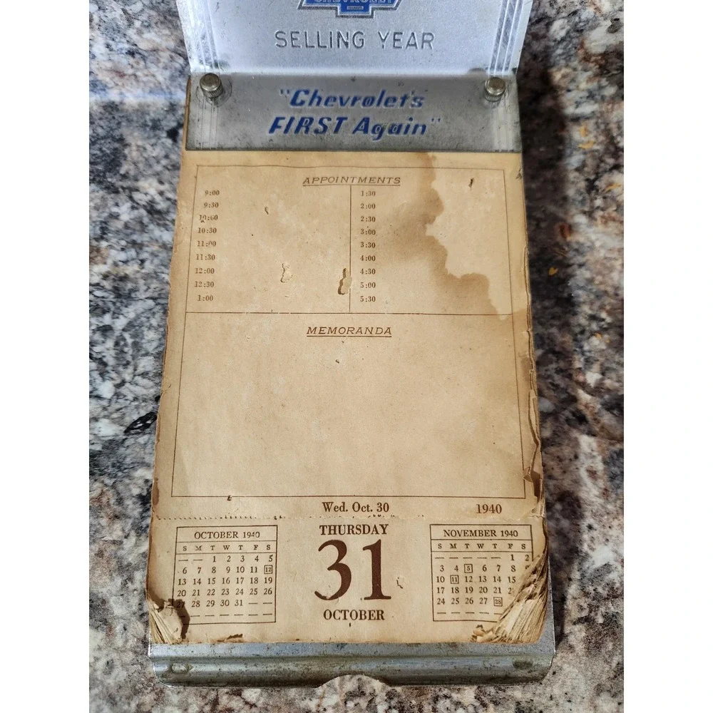 1940 Antique Art Deco Chevrolet Dealership Salesman Desk Calendar Appointment...